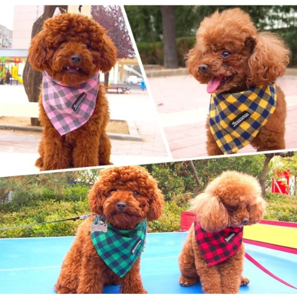 Plaid Dog Cats‎ Bandanas,4PC Soft Washable Cotton Triangle Bib Kerchief Small